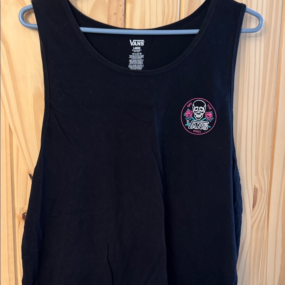 Vans Black Tank with Skull and Pink Rose Accents
